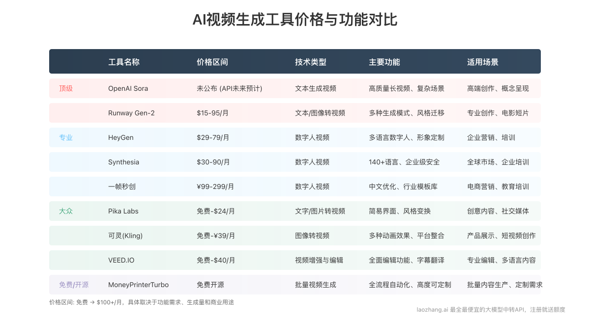 AI视频生成工具价格与功能对比图表